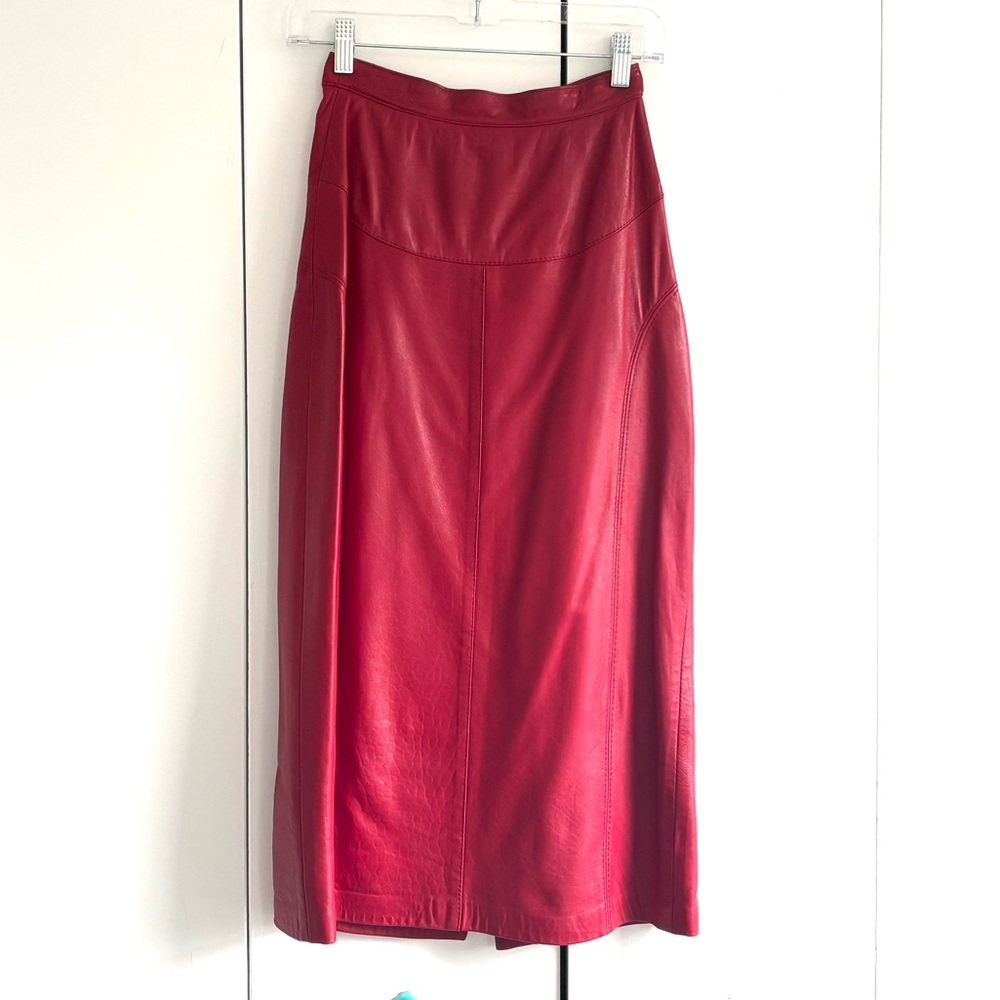 Rare Vintage 80s Margaret Godfrey Bagatelle Red Leather Midi Skirt Size 4